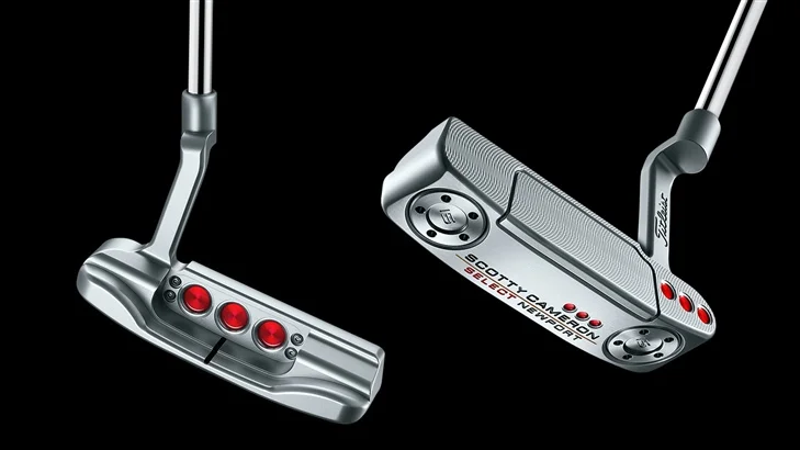 Premium putter set up on a putting practice mat ready for a scored drill session